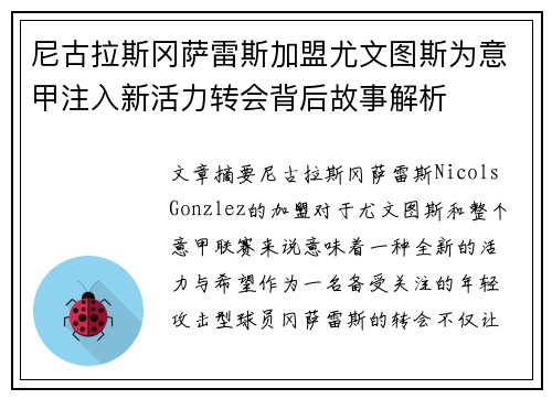 尼古拉斯冈萨雷斯加盟尤文图斯为意甲注入新活力转会背后故事解析 尼古拉斯冈萨雷斯加盟尤文图斯为意甲注入新活力转会背后故事解析