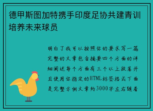 德甲斯图加特携手印度足协共建青训培养未来球员 德甲斯图加特携手印度足协共建青训培养未来球员